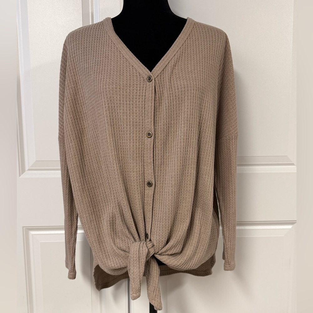 OLRIK Waffle Knit Tie Front Shirt